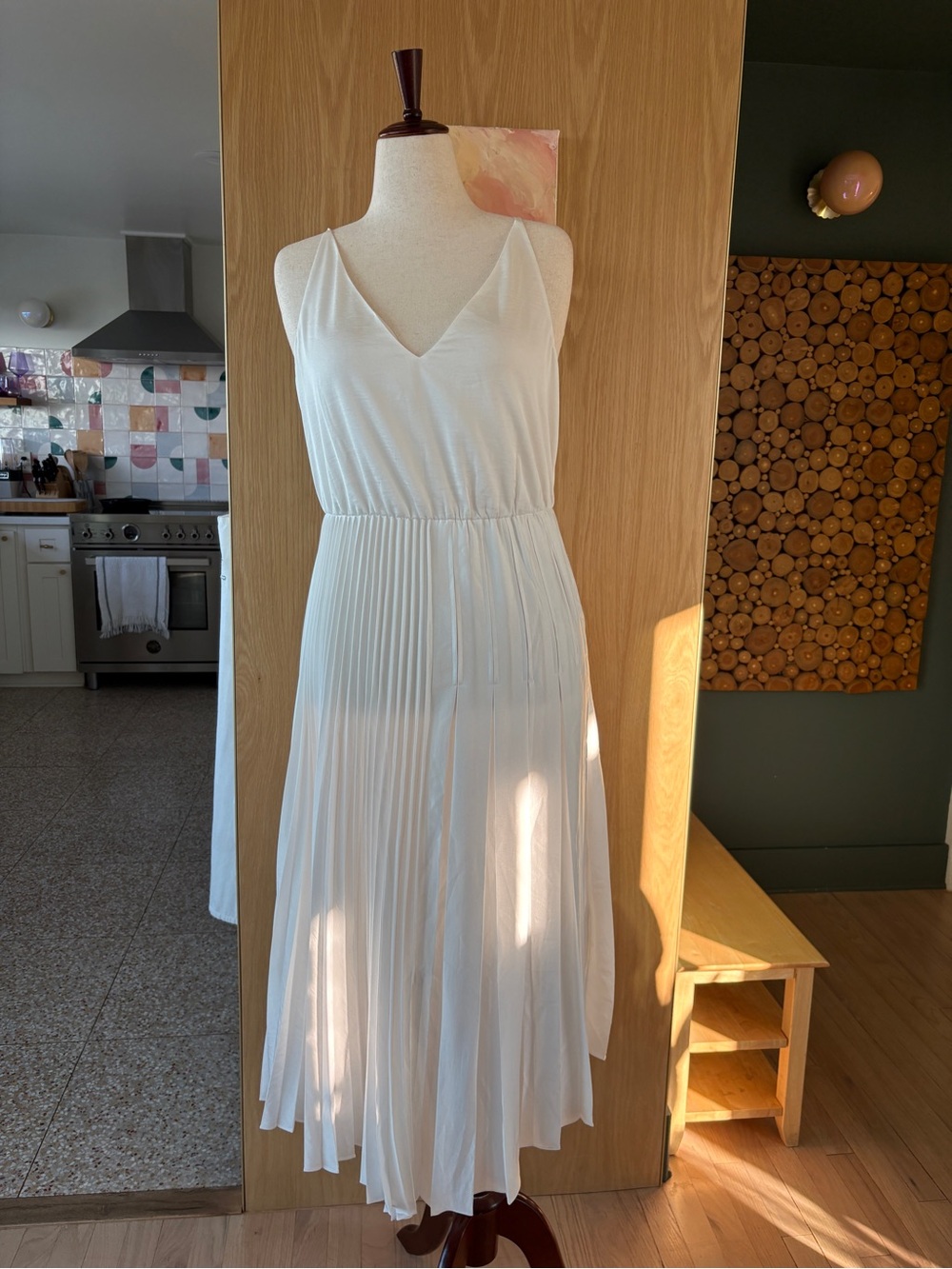 AllSaints White Pleated V-Neck Midi Dress